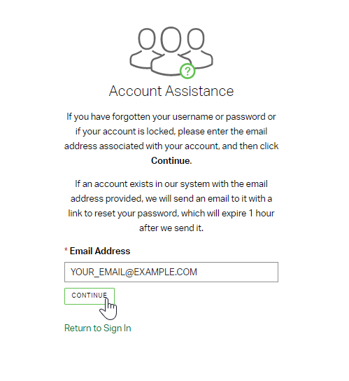 Image depicting the Account Assistance screen where the user enters their email address.