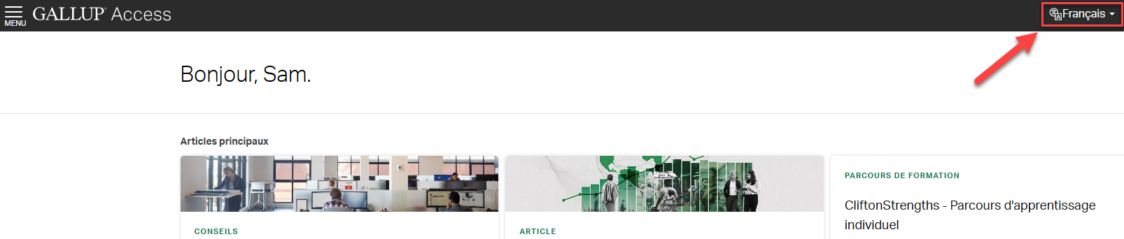 Menu déroulant de langue dans un compte Gallup Access