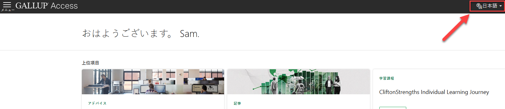 Gallup Access アカウントの言語ドロップダウンメニュー
