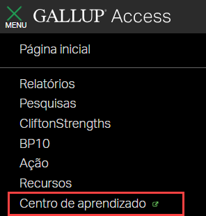 Menu da conta Gallup Access com uma caixa vermelha destacando a opção ‘Centro de aprendizagem’ para indicar onde clicar.