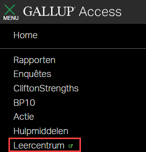  Gallup Access-accountmenu met een rood vak dat de optie ‘Leercentrum’ markeert om aan te geven waar u moet klikken.