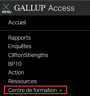  Menu du compte Gallup Access avec une case rouge mettant en évidence l'option « Centre d'apprentissage » pour indiquer où cliquer.