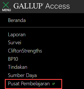  Menu akun Gallup Access dengan kotak merah yang menyorot opsi ‘Pusat Pembelajaran’ untuk menunjukkan tempat yang harus diklik.