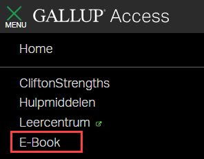 Gallup Access-accountmenu met een rood vak dat de optie 'E-boek' markeert om aan te geven waar u moet klikken.