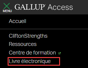 Menu du compte Gallup Access avec une case rouge mettant en évidence l'option « E-book » pour indiquer où cliquer.