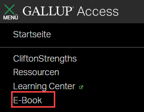  Gallup Access-Kontomenü mit einem roten Kästchen, das die Option „E-Book“ hervorhebt und angibt, wo Sie klicken müssen.