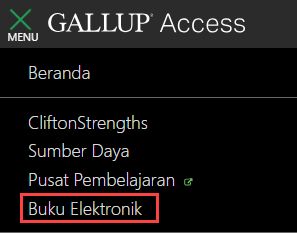 Menu akun Gallup Access dengan kotak merah yang menyorot opsi ‘E-book’ untuk menunjukkan tempat untuk mengklik.