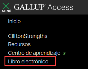 Menú de la cuenta de Gallup Access con un cuadro rojo que resalta la opción “Libro electrónico” para indicar dónde hacer clic.
