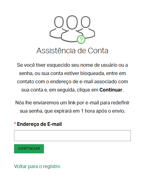  Tela de assistência da conta do Gallup Access com um campo para os usuários inserirem seus endereços de e-mail para solicitar ajuda com suas contas.