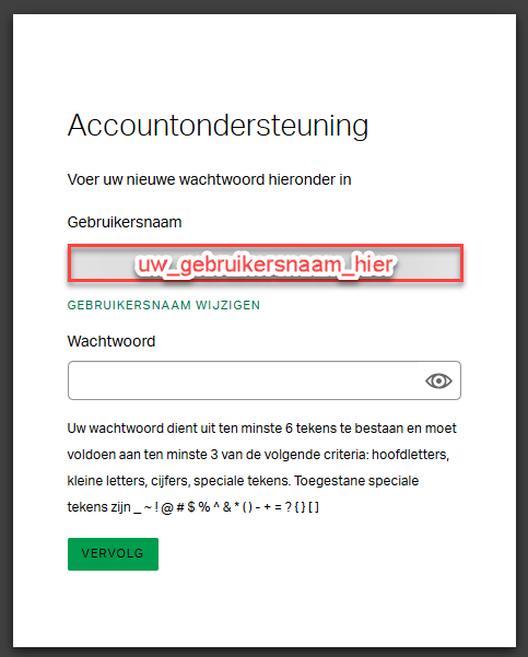 Gallup Access-scherm waar gebruikers hun gebruikersnaam kunnen verifiëren of bijwerken en indien nodig een nieuw wachtwoord kunnen aanmaken.