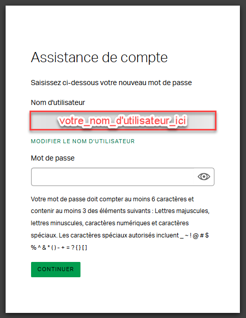  Écran d'accès Gallup où les utilisateurs peuvent vérifier ou mettre à jour leur nom d'utilisateur et créer un nouveau mot de passe si nécessaire.
