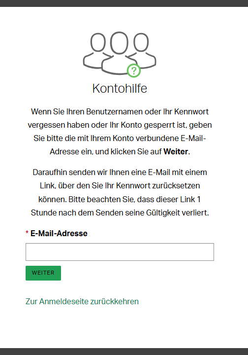 Gallup Access-Kontohilfebildschirm mit einem Feld, in das Benutzer ihre E-Mail-Adresse eingeben können, um Hilfe zu ihrem Konto anzufordern.