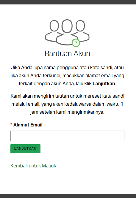  Layar bantuan akun Gallup Access dengan kolom bagi pengguna untuk memasukkan alamat email mereka guna meminta bantuan terkait akun mereka.