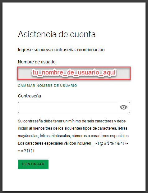  Pantalla de acceso de Gallup donde los usuarios pueden verificar o actualizar su nombre de usuario y crear una nueva contraseña si es necesario.