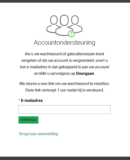  Gallup Access-scherm voor accountondersteuning met een veld waarin gebruikers hun e-mailadres kunnen invoeren om hulp aan te vragen met hun account.