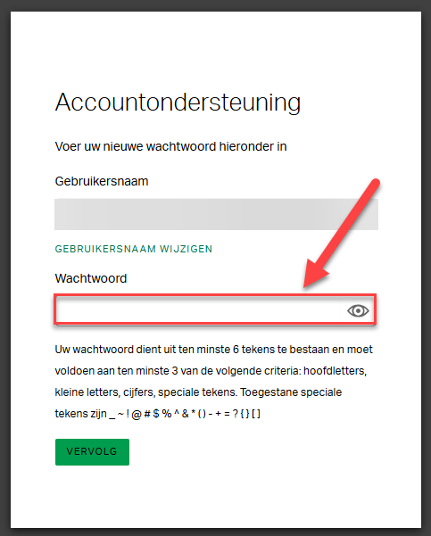  Gallup Access-scherm waar gebruikers hun gebruikersnaam kunnen verifiëren of bijwerken en indien nodig een nieuw wachtwoord kunnen aanmaken.