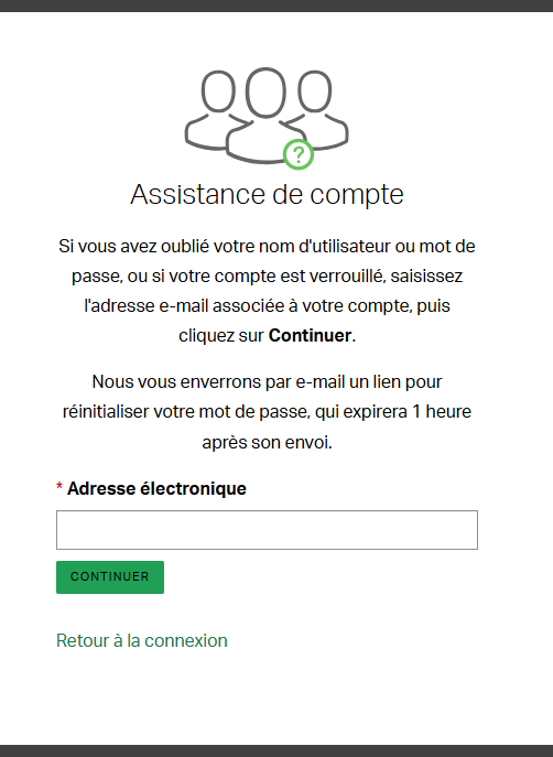  Écran d'assistance du compte Gallup Access avec un champ permettant aux utilisateurs de saisir leur adresse e-mail pour demander de l'aide concernant leur compte.