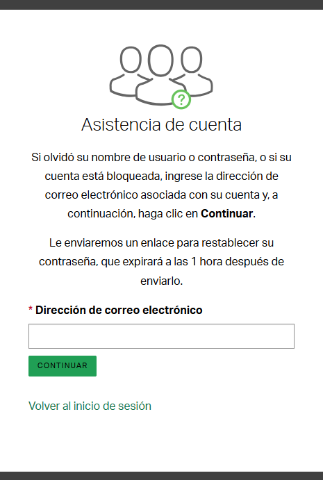  Pantalla de asistencia de la cuenta de Gallup Access con un campo para que los usuarios ingresen su dirección de correo electrónico para solicitar ayuda con su cuenta.