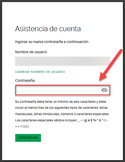  Pantalla de acceso de Gallup donde los usuarios pueden verificar o actualizar su nombre de usuario y crear una nueva contraseña si es necesario.