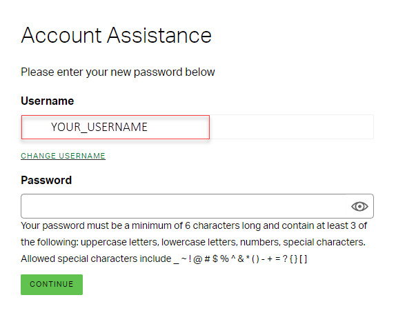 Image depicting the Account Assistance page where the user can reset their username and password.
