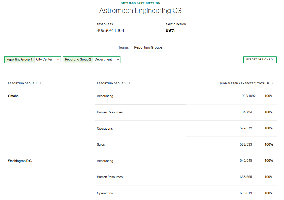 Screenshot of the Reporting Groups tab.