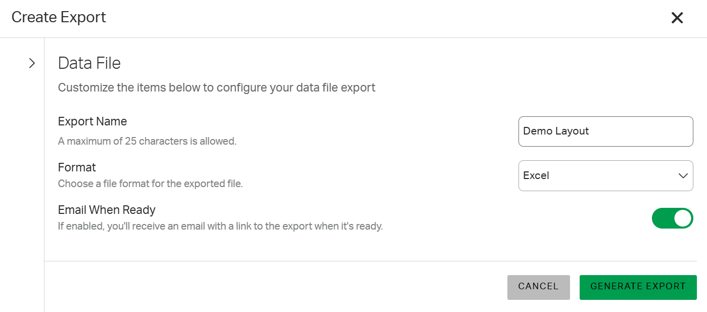 Screenshot of the Create Export window.