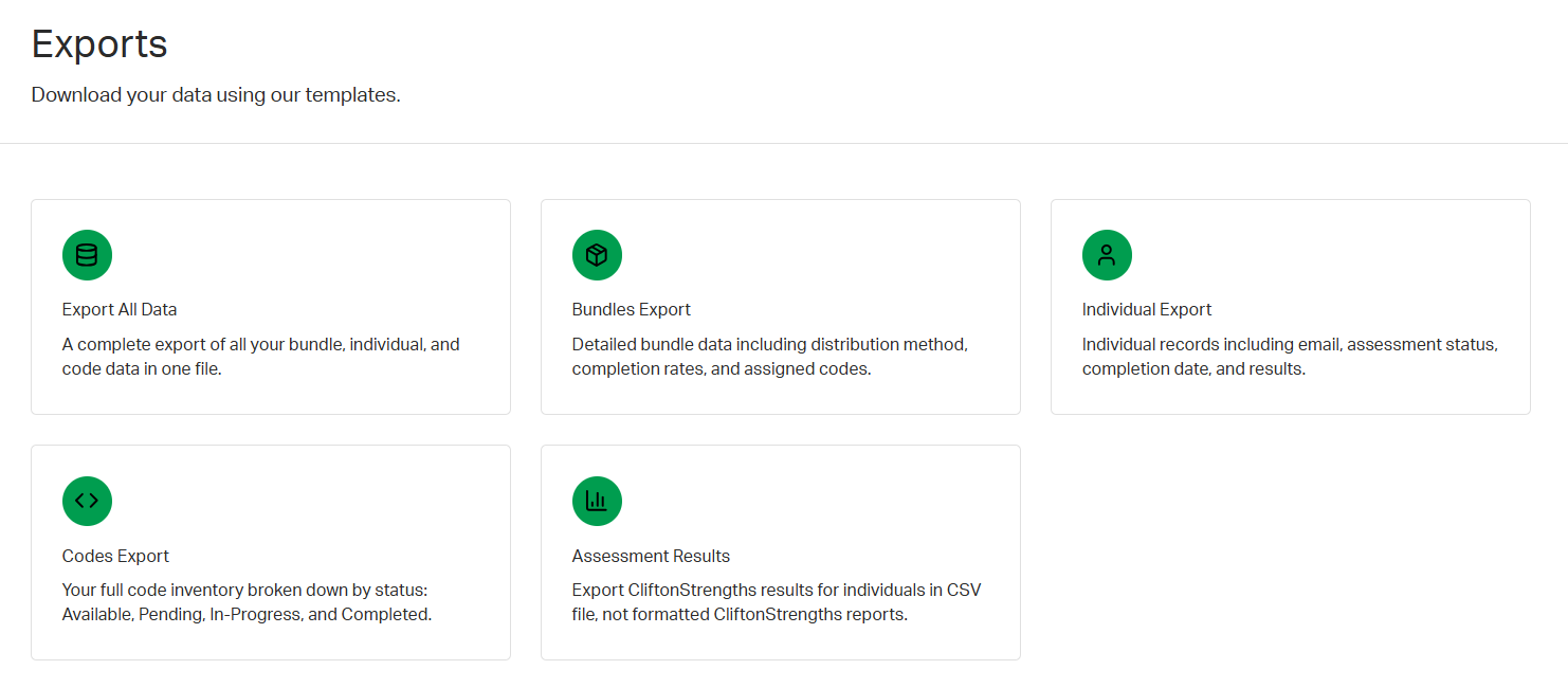 Screenshot of the Exports page.