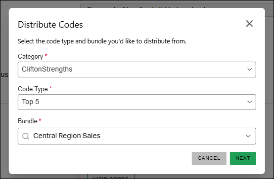 The Distribute Codes window, with fields to select the code category, code type, and bundle to distribute from.