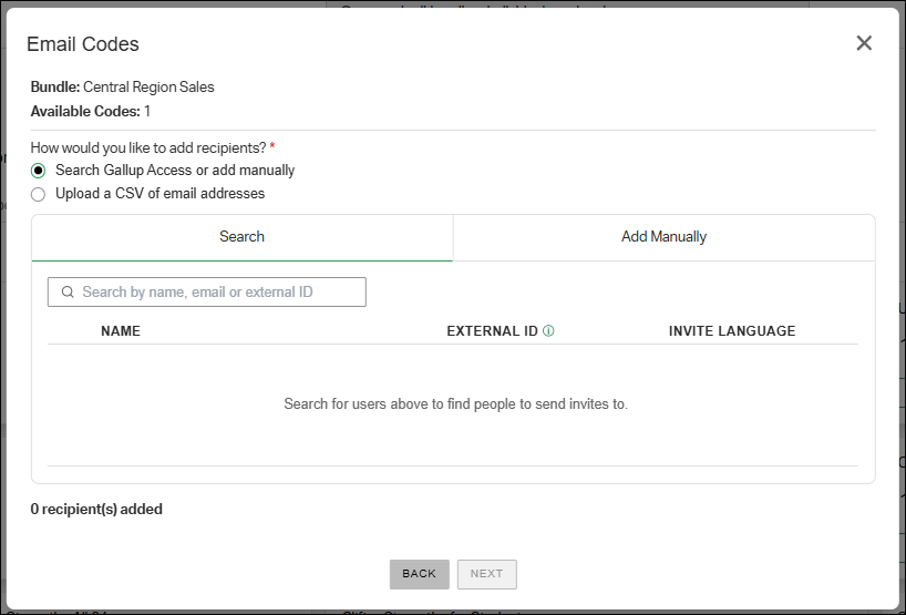 The Email Codes window, with the Search tab selected and a field to search by name, email, or External ID.