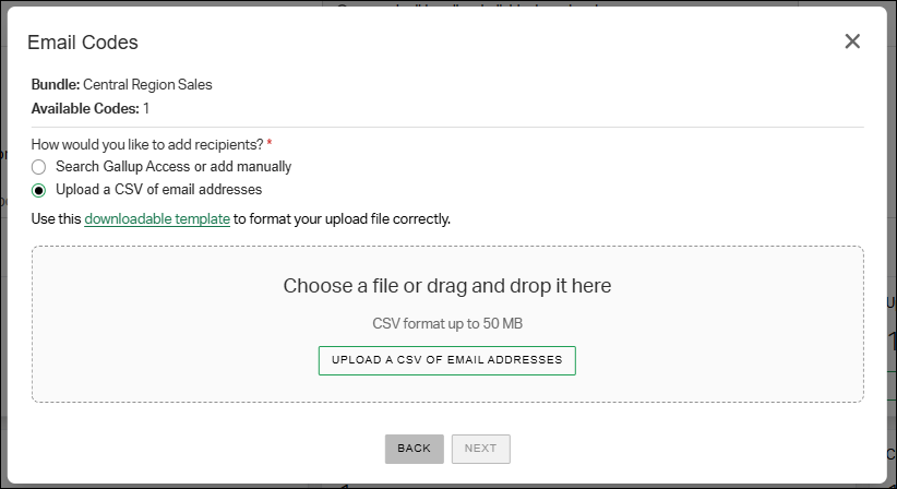 The Upload a CSV of Email Addresses button.