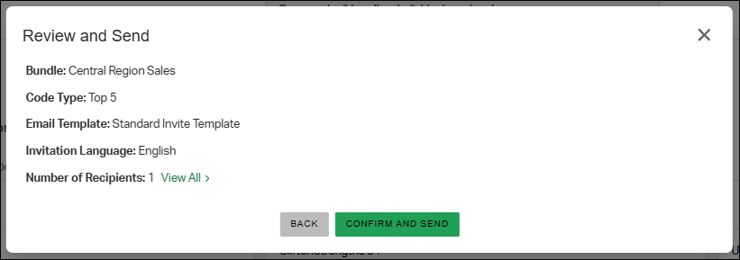 The Review and Send window, showing a summary of the distribution details with a Confirm and Send button.