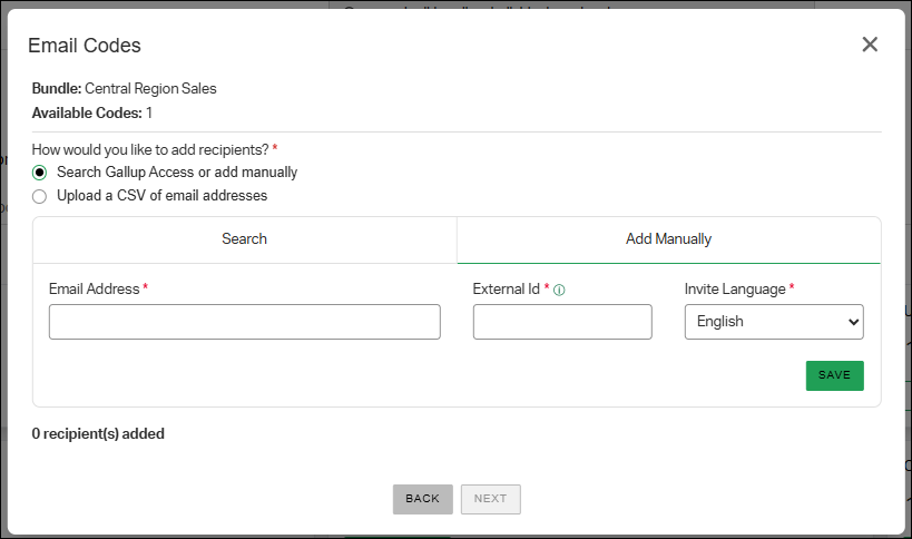 The Email Codes window, with the Add Manually tab selected and fields for email address, External ID, and invite language.