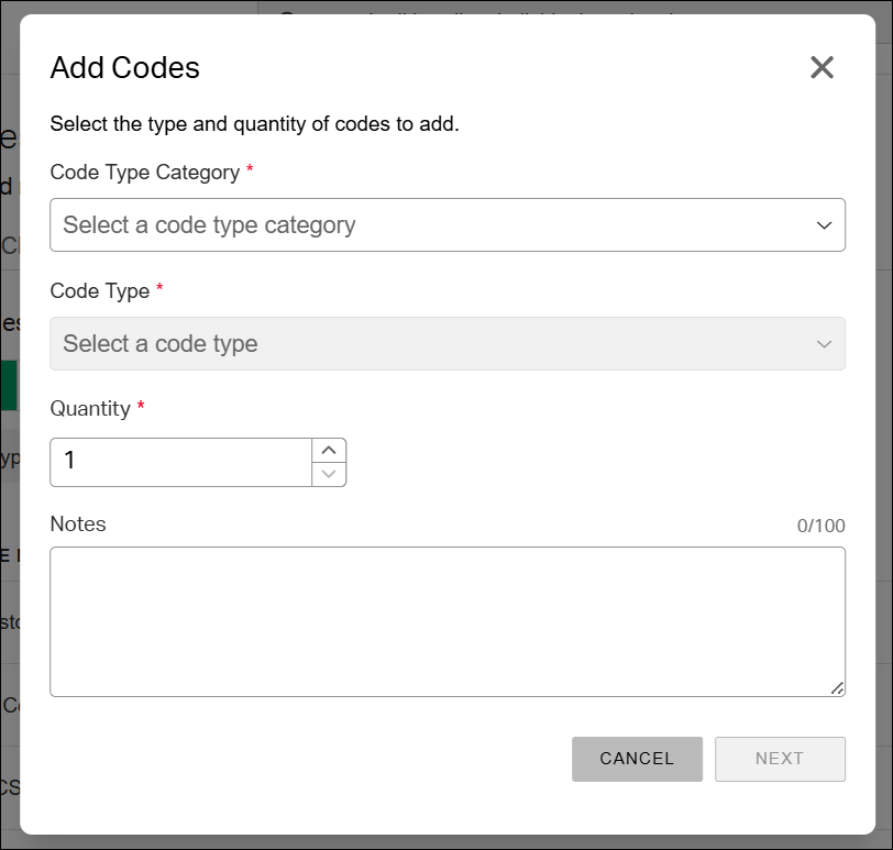 The Add Codes window, with fields to generate access codes on demand for organization subscription accounts.