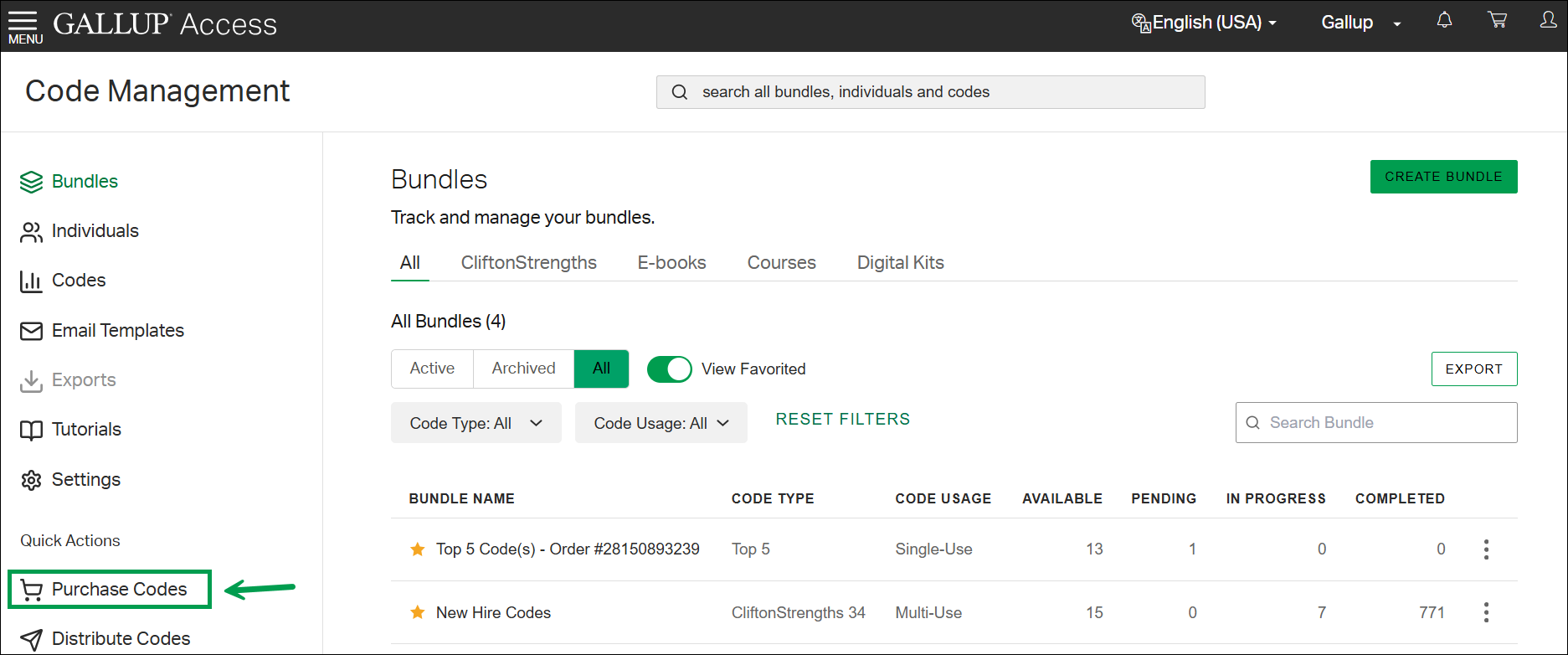 The Code Management page, with the Purchase Codes option outlined in the Quick Actions area.