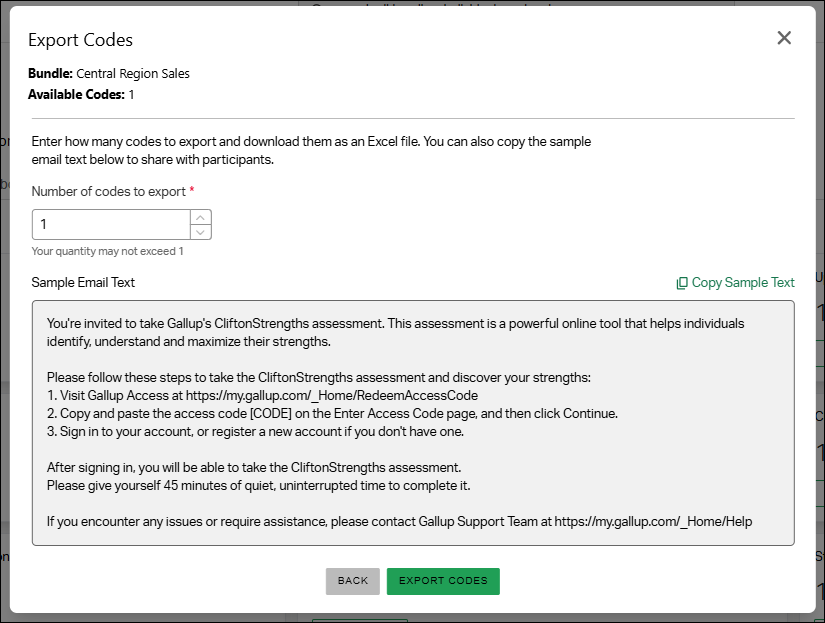 The Export Codes window, with a field to set the quantity of codes to export.