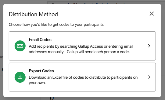 The Distribution Method window, with Email Codes and Export Codes listed as the two options.