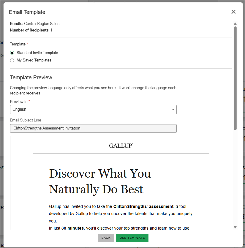The Email Template window, with a list of available templates to choose from.