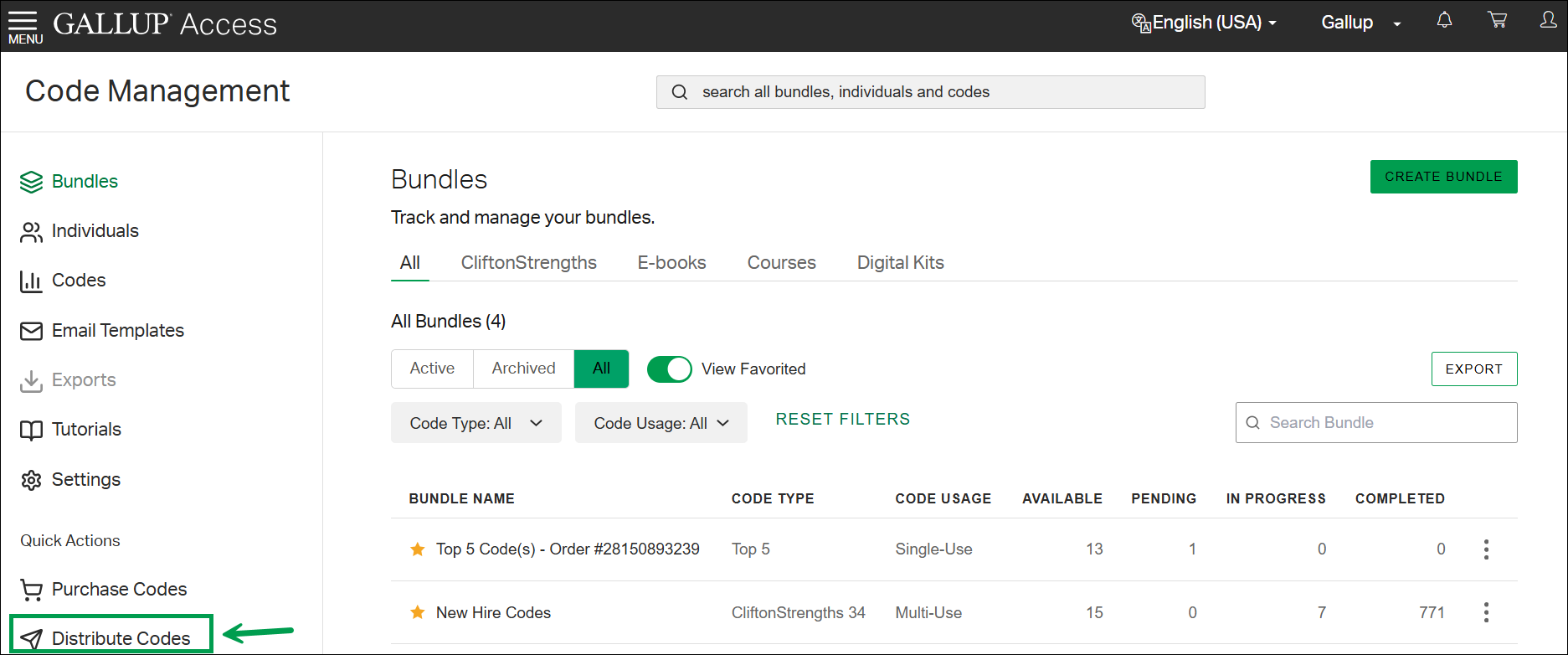 Code Management page with the Quick Actions area, highlighting the Distribute Codes option.