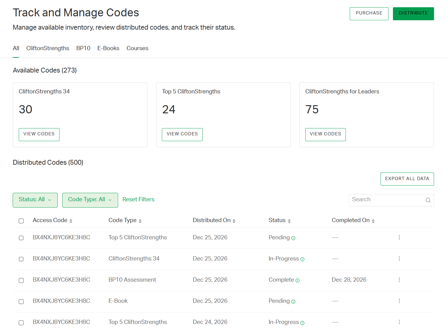 Screenshot of the Codes page.
