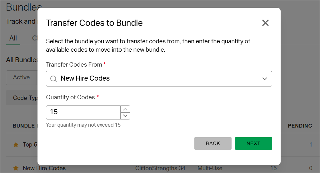 The Transfer Codes to Bundle window, with fields to select the bundle to transfer codes from and the quantity to transfer.