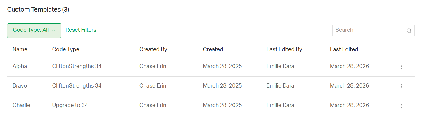 Screenshot of the Custom Templates section.