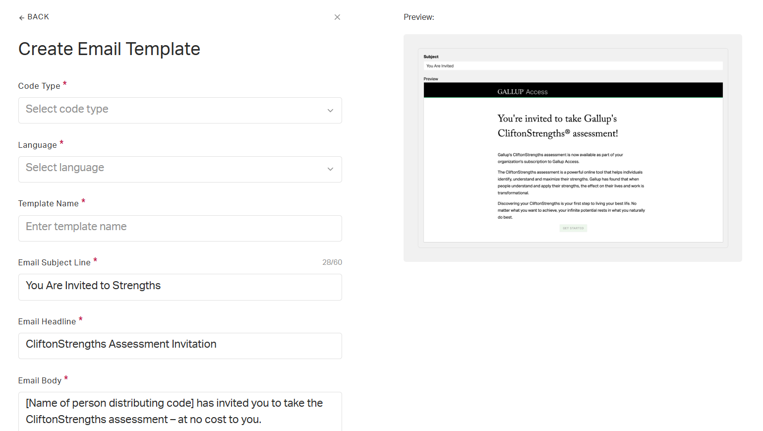 Screenshot of the Create Email Template page.