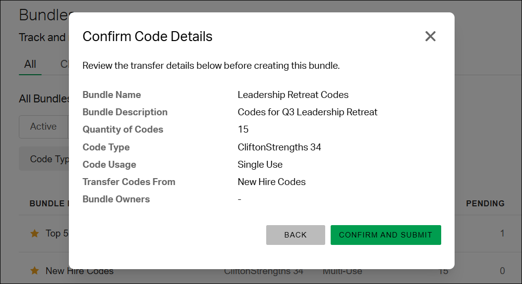 The Confirm Code Details page, showing a summary of the bundle details to review, with Back and Confirm and Submit buttons.