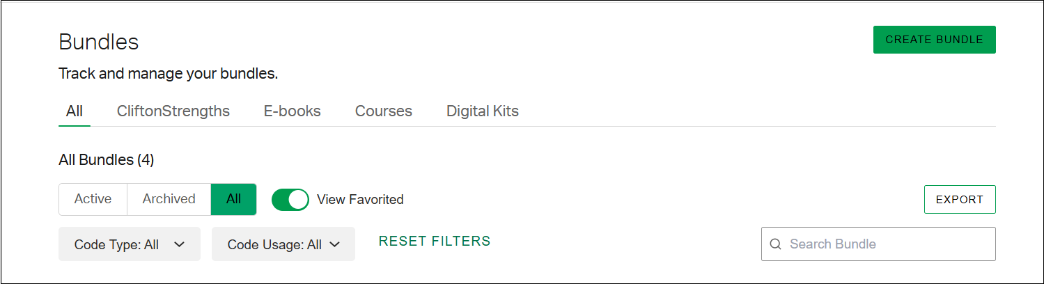 The Bundles page in Code Management, listing existing bundles with the Create Bundle button in the top right corner.