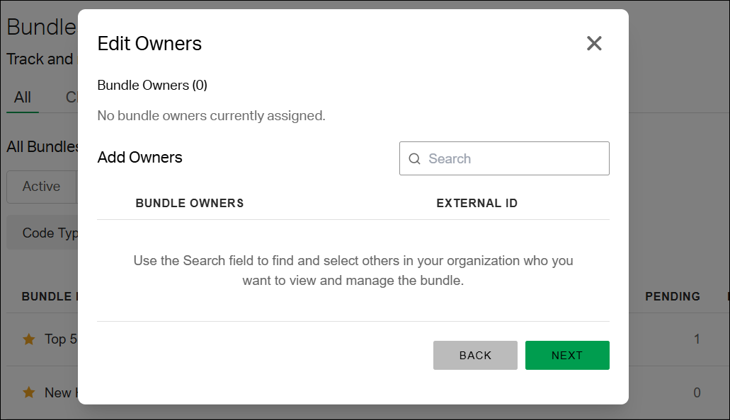 The Edit Owners window, with a Search field to find and select organization members who should have access to view and manage the bundle.