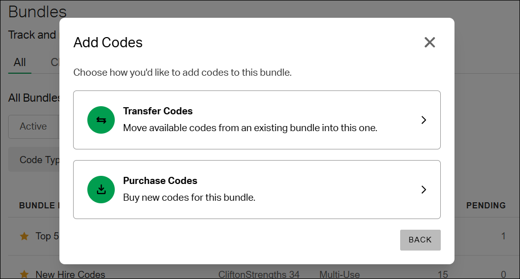 The Add Codes window, with Transfer Codes and Purchase Codes listed as the two options for adding codes to the bundle.