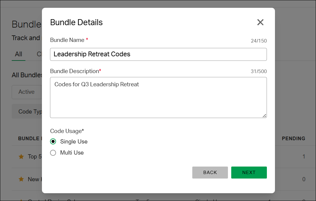 The Bundle Details window, with fields to enter a name and description, a code usage type selector, and a Next button.
