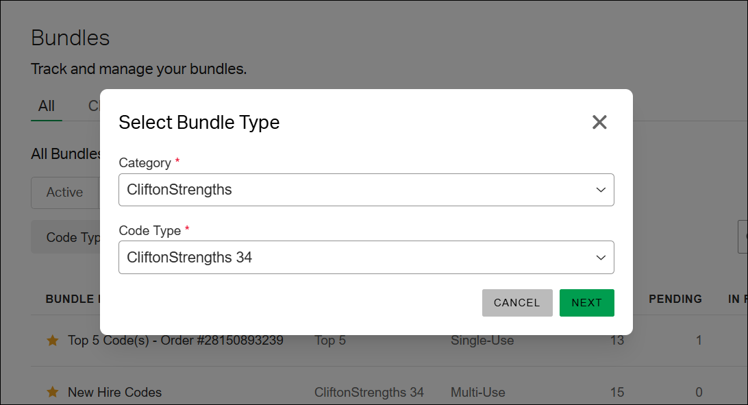 The Select Bundle Type window, with the category and code type selection fields highlighted.