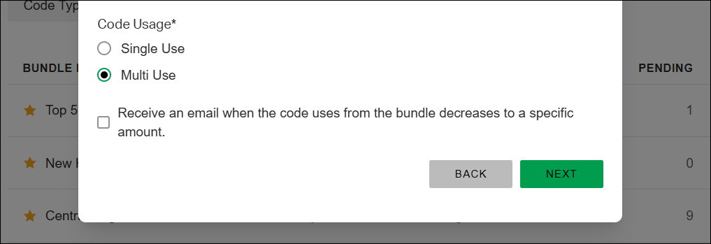 The Multi-Use code notification option, with a checkbox to have Gallup email you when the bundle's code uses decrease to a specific amount.