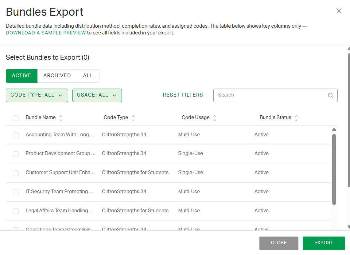 Screenshot of the Bundles Export window.